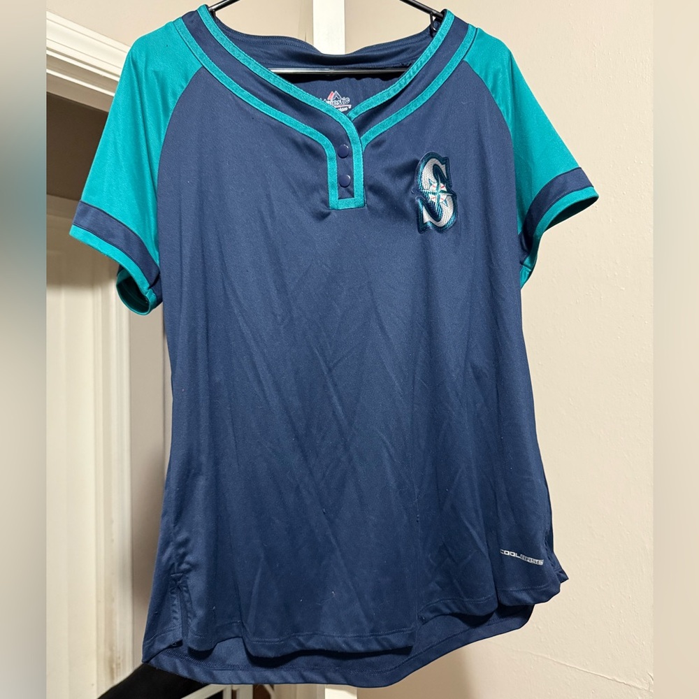 Majestic Navy and Teal V-Neck Fan Fashion Jersey